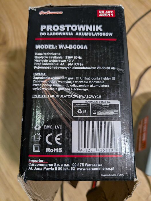 Prostownik 12V 4A (6A RMS) 20-80Ah DOSTAWA GRATIS