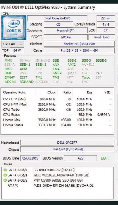 Komputer stacjonarny Dell Optiplex 3020  i5-4570 ram 32gb SSD WIN 11