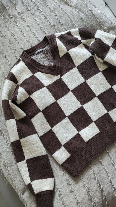 Sweter damski szachownica S 170cm beżowy brązowy