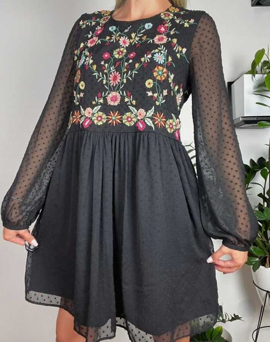 Zara haftowana tunika sukienka boho folk plumeti w kwiaty  M/L
