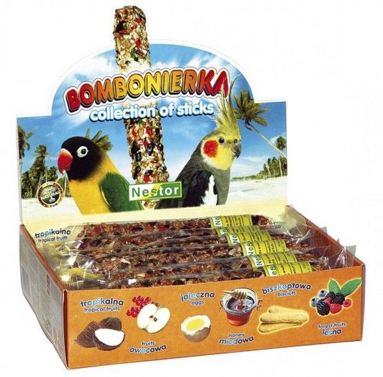 Bombonierka dla średnich papug - zestaw 12 kolb w 6 smakach Nestor