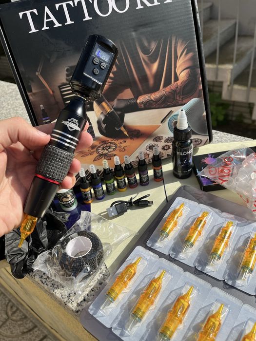 Kit Tatuagem Tattoo Pen Completo, C/ Pele Treino/Tintas/Agulhas/ Etc