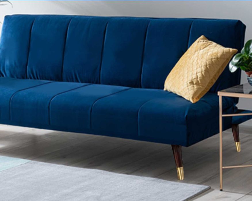Sofa - rozkładana - welurowa - niebieska - złote nogi