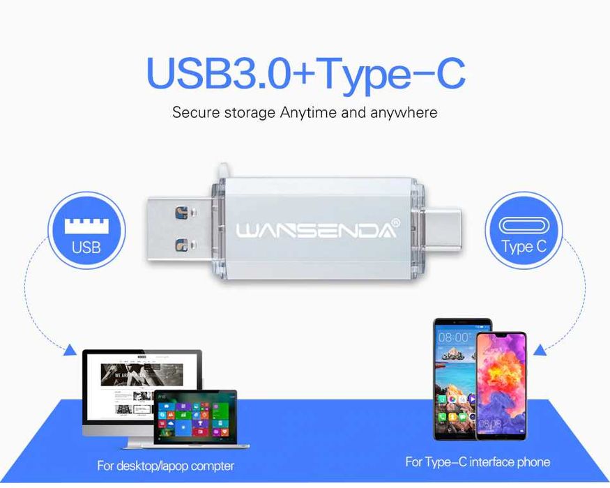 Flash Drive USB 3.0 Type-C 64Gb. Novo. Computador, Tablet, Telemóvel