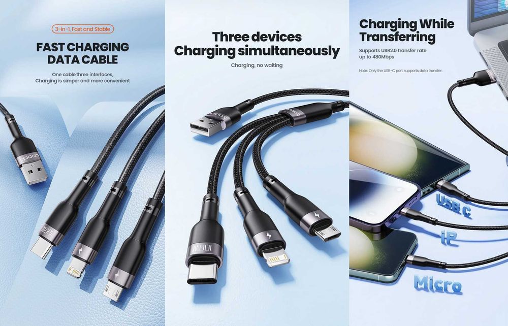 Кабелі TOOCKI/BASEUS, 2-in-1/3-in-1/3-in-2, 3.5A/6A/100W/240W