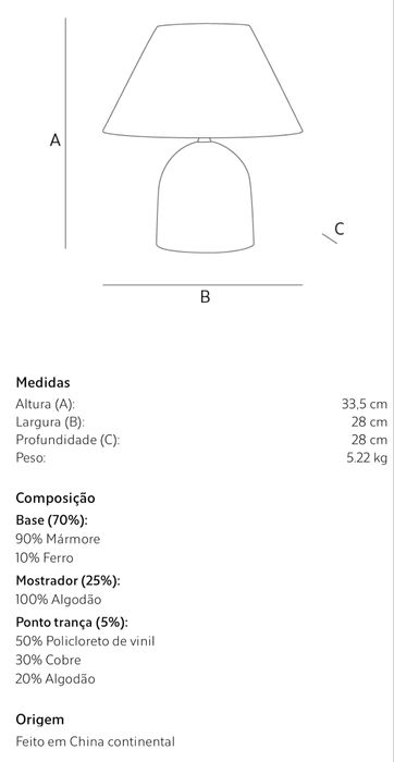 Candeeiro De Mesa Mármore Zara Home NOVO