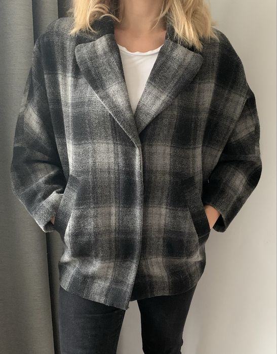 Wełniana kurtka okrycie wierzchnie w kratę blezer S M L XL oversize