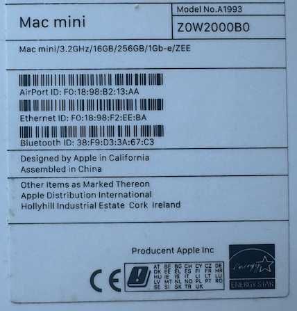 Apple Mac Mini A1993, i7, 16 GB RAM, 256 GB SSD