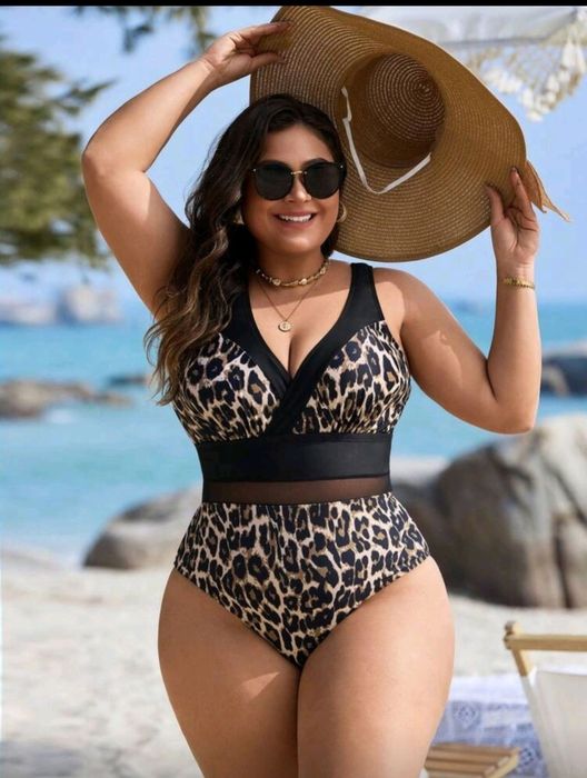 Купальник сдельный большого размера леопард с сеточкой на талии XXXL