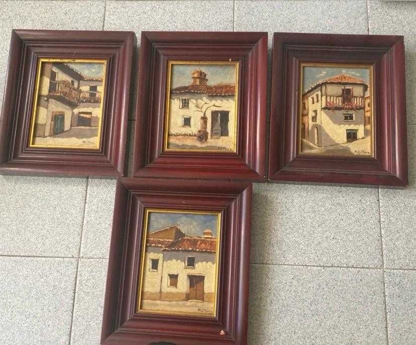 Conjunto de 4 quadros decorativos com pinturas de casario tradicional
