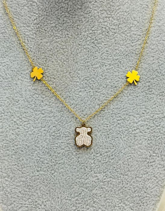 Złoty naszyjnik miś cyrkonie stal chirurgiczna nierdzewna