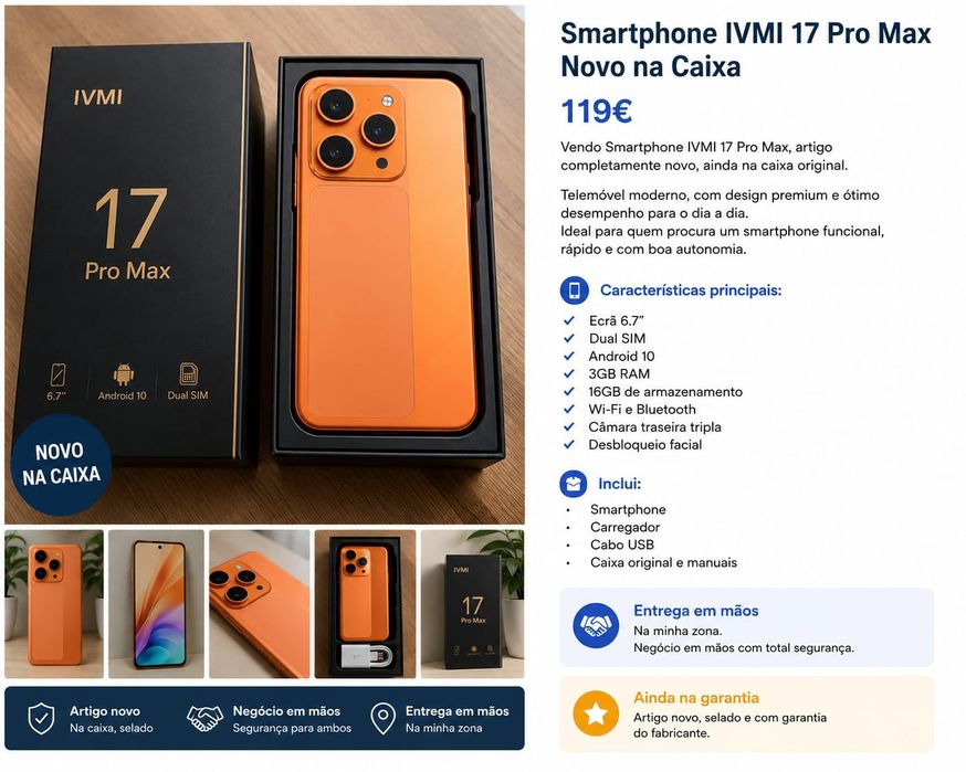 smartphone IVMI 17 Pro Max,  novo caixa