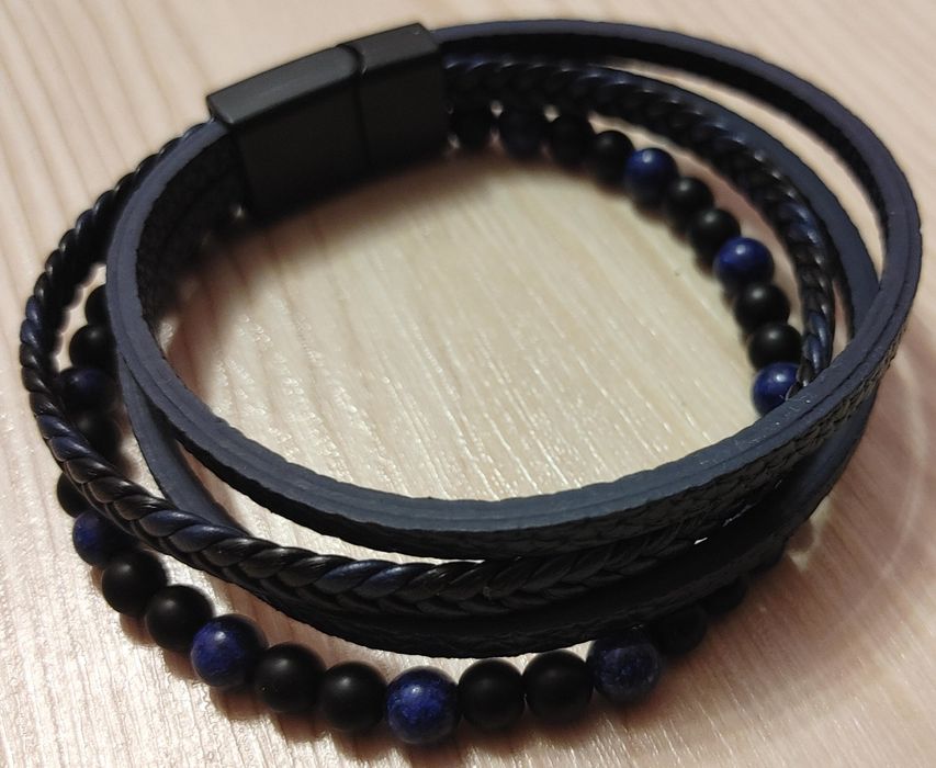 Męska bransoleta, plecionka z czarno-niebieskiej skóry oraz koralików