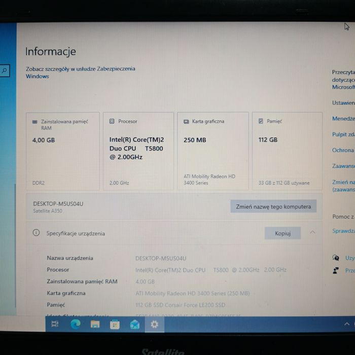 Laptop Toshiba A350 120GB SSD 4GB RAM Radeon SPRAWNA BATERIA