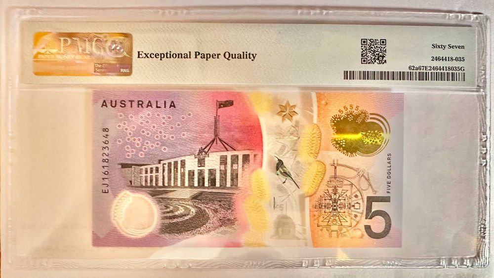 Nota de Austrália – 5 Dólares 2016 – Pick# 62a / R224 (PMG 67 EPQ Superb Gem Unc)