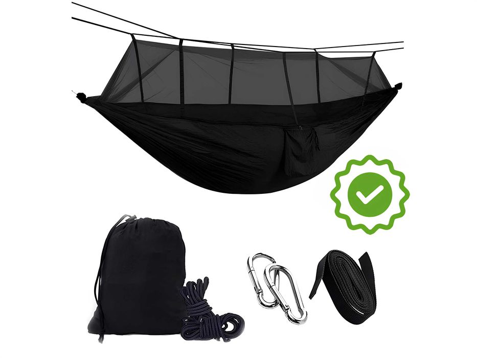 DUŻY Hamak z moskitierą Czarny Wygodny Turystyczny 260x140 cm + GRATIS