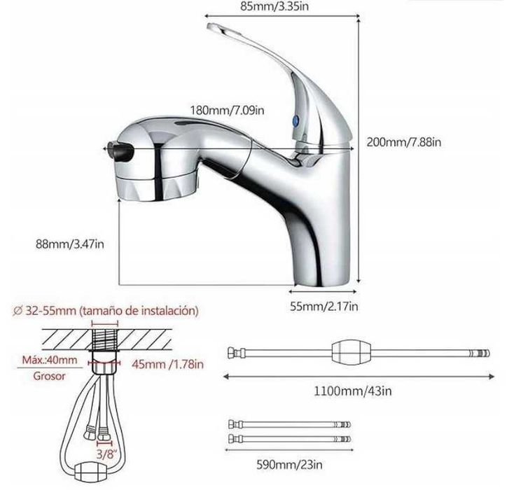 Bateria umywalkowa Kran elastyczny wyginany 3/8" Kolor srebrny