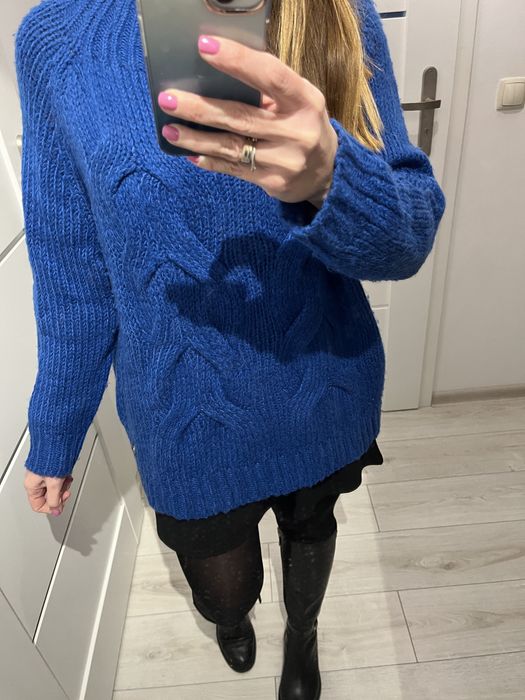 Sweter gruby Diverse niebieski sploty warkocze rozmiar M 38 40
