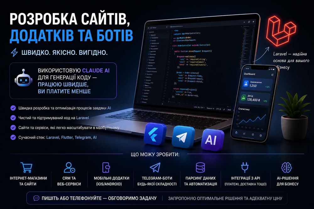 Розробка сайтів, мобільних додатків, ботів та парсерів під ключ