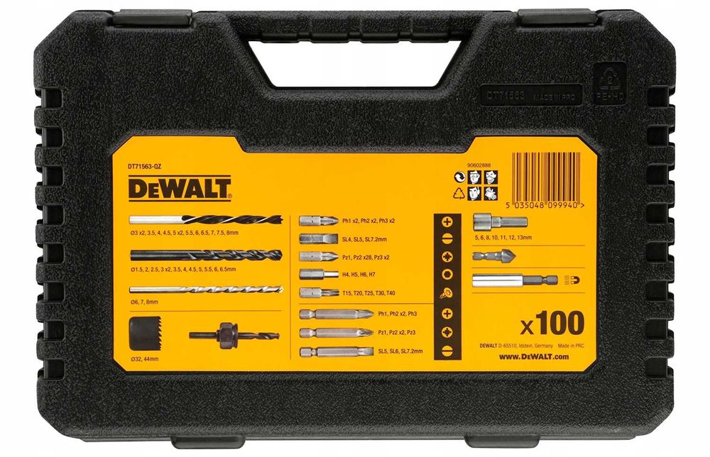 Zestaw wierteł, bitów, nasadek, otwornic DeWalt 100 elementów *NOWY*