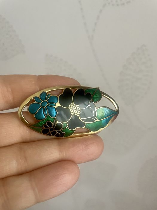 Брошка клуазоне емаль зелена бірюзова золотиста