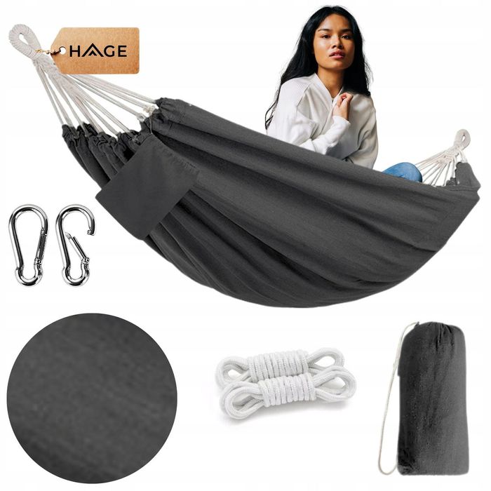 Hamak ogrodowy dwuosobowy boho 275x150 cm, 240 kg, szary + torba