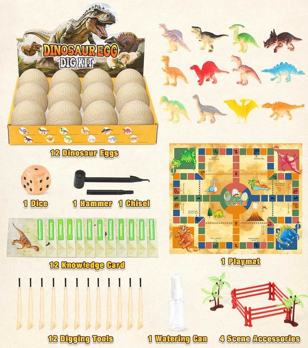 Zestaw kopalnia wykopaliska dinozaurów archeolog dinozaury + 12 jajek