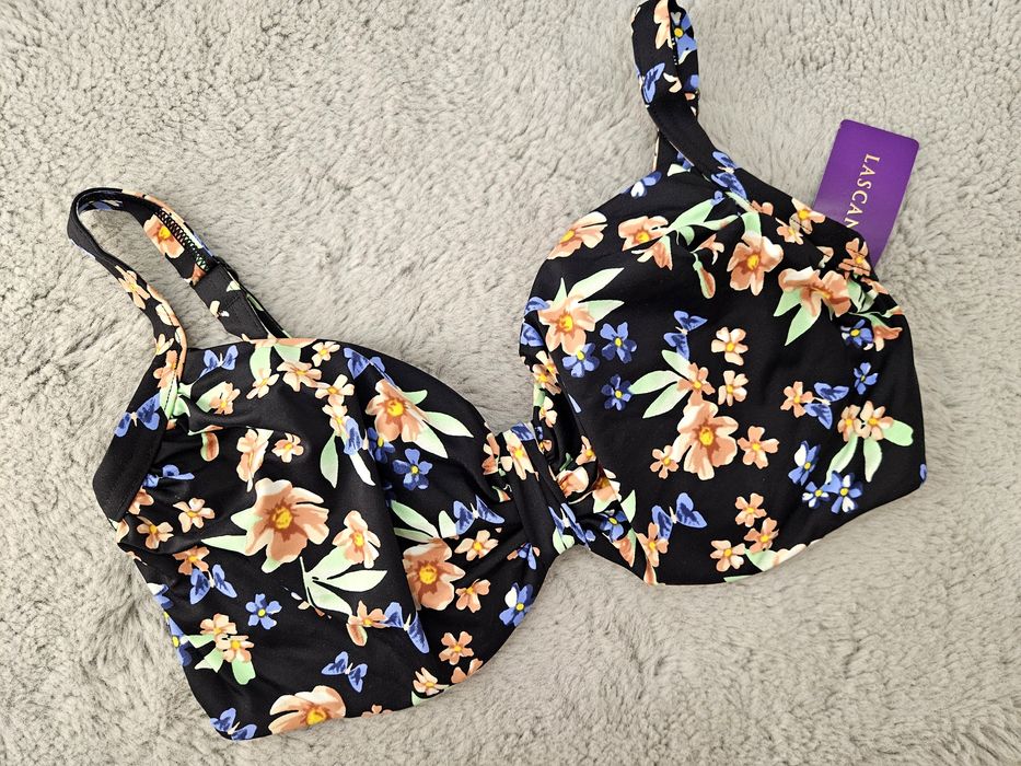 Biustonosz kąpielowy 40F 80F góra bikini  Lascana miękki z fiszbiną czarny w kwiaty
