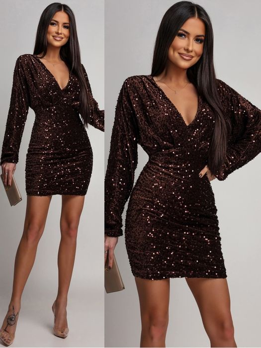 Czekoladowa sukienka cekiny z marszczeniami Varlesca Chicaca XS S M