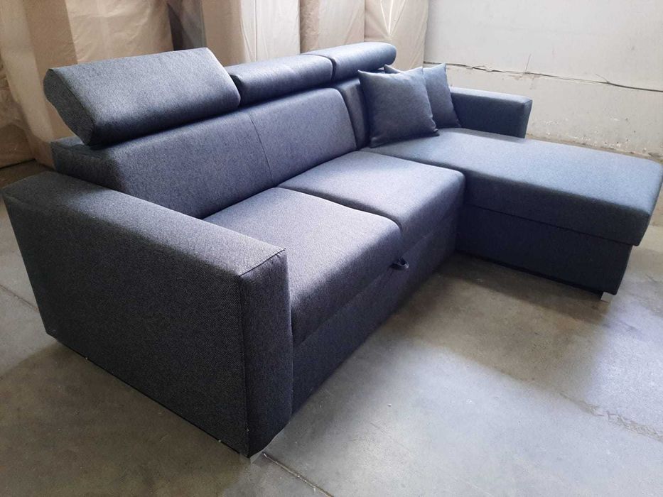 narożnik z zagłówkami, funkcja spania, pojemnik na posicel szary