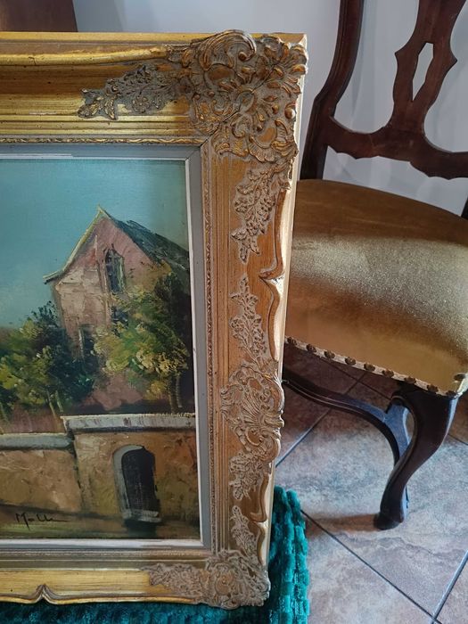 Stary, duży  obraz na płótnie w pięknej pałacowej ramie