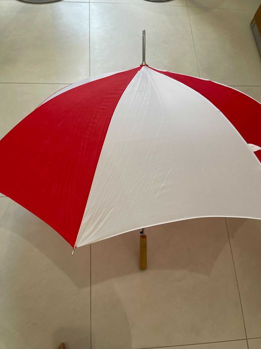 Guarda-chuva vermelho/branco logótipo "J'achète au marché de Gonesse"