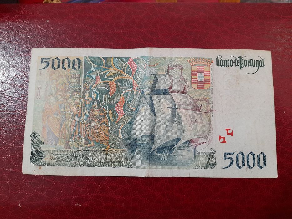 Nota de 5 mil escudos - banco de Portugal  cinco contos 5.000$ bilhete