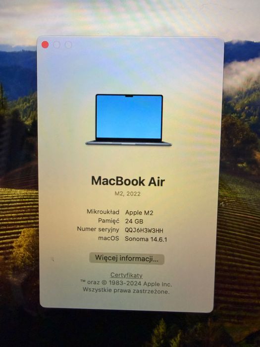 MacBook Air M2 24GB RAM / 245GB – Stan BDB, Bateria 85%