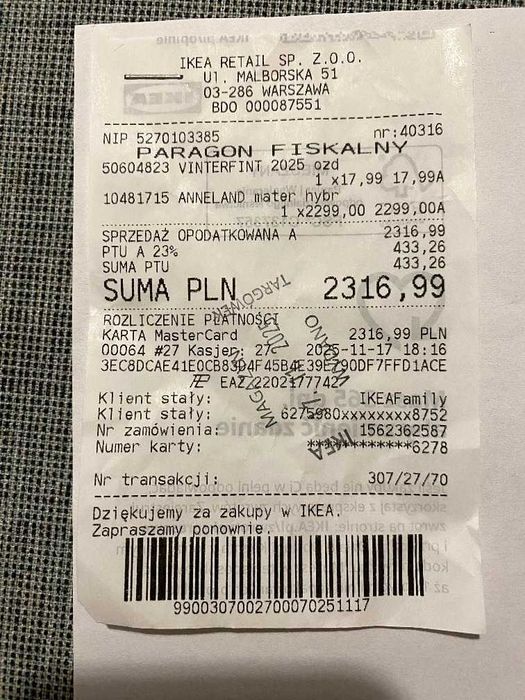 Materac ANNELAND 160x200, średnio-twardy - NIEUŻYWANY paragon zakupu