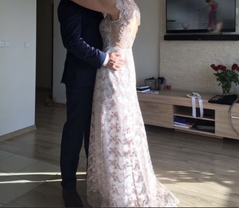 Suknia ślubna rozm 36/38 biała - ecru, pudrowy róż