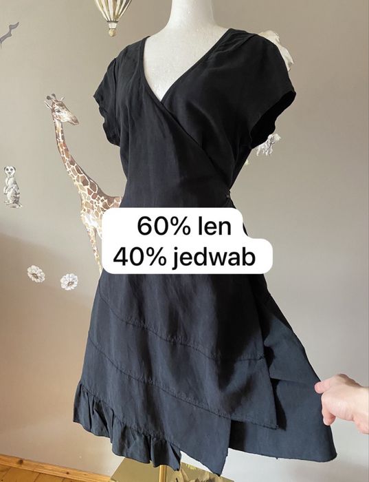 Wiązana czarna sukienka wrap lniana jedwabna