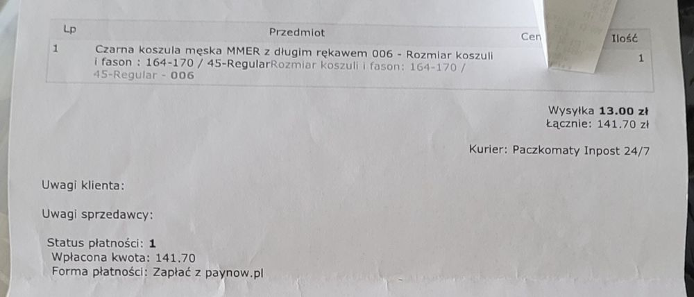 Koszula męska czarna dł.ręk. r. 164 - 170 45-regular