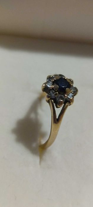 złoty pierścionek próba 585 szafir cyrkonie