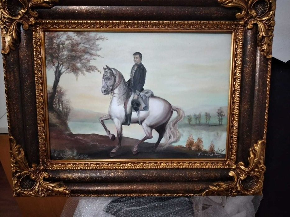 Quadro a óleo com moldura em madeira policromada