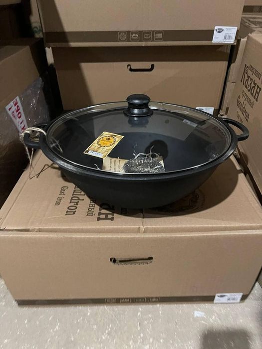 Казан 8л, Ø34см, вага 6,97 кг, чавунний узбецький WOK, кришка скло