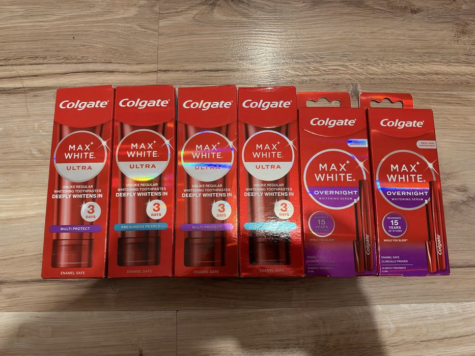 Colgate Max White 2 x serum i 4 x pasta zestaw świeże nowe produkty super wybielające