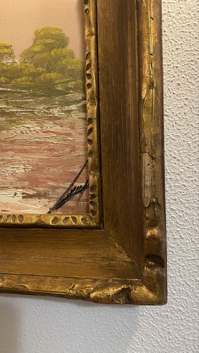 Quadro paisagem a oleo sobre tela 80*60, com moldura talha dourada