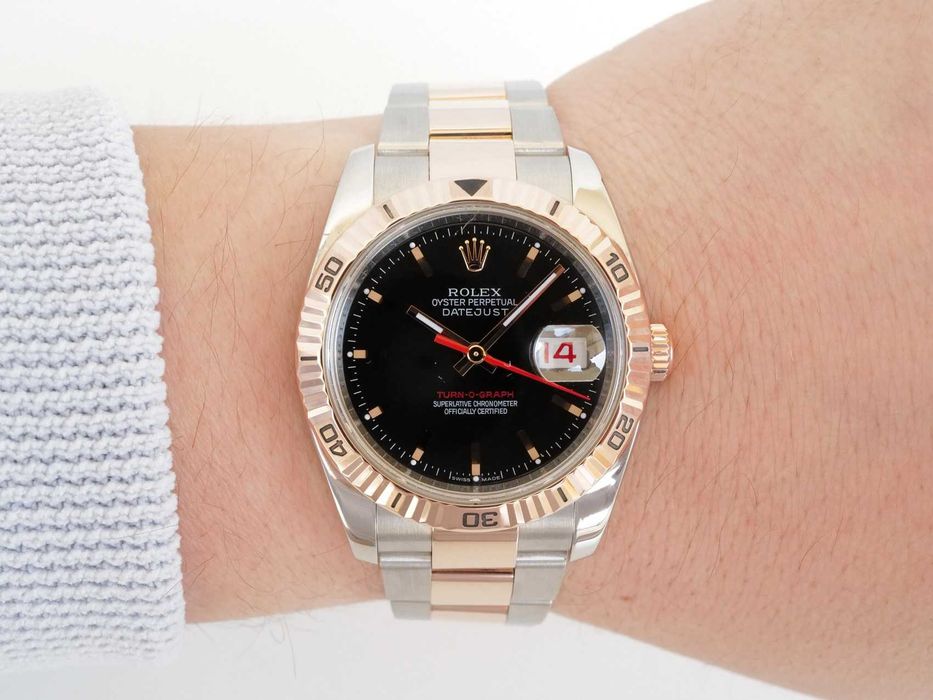 Rolex Datejust Turn-O-Graph 18K Rose Gold Steel Black Dial 36