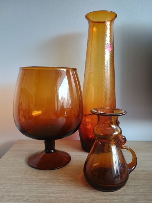 Vintage szkło PRL brązowe miodowe bursztynowe huta Laura Tarnów