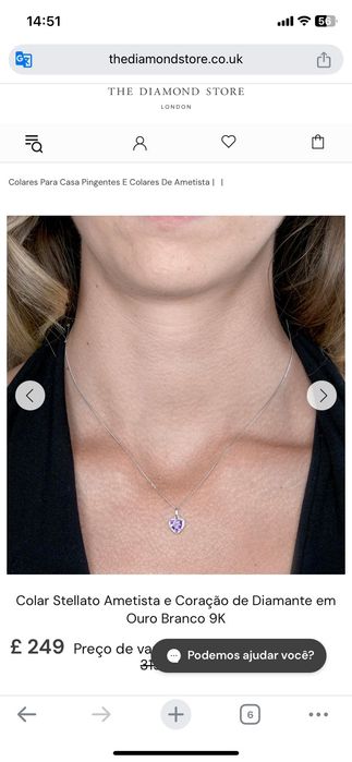 Colar Stellato Ametista e Coração de Diamante em Ouro Branco 9K