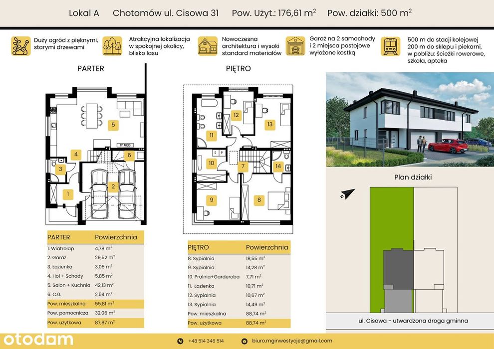 dom Chotomów ½ bliźniaka 177 m2+20m2, bez PCC, PKP, droga gminna
