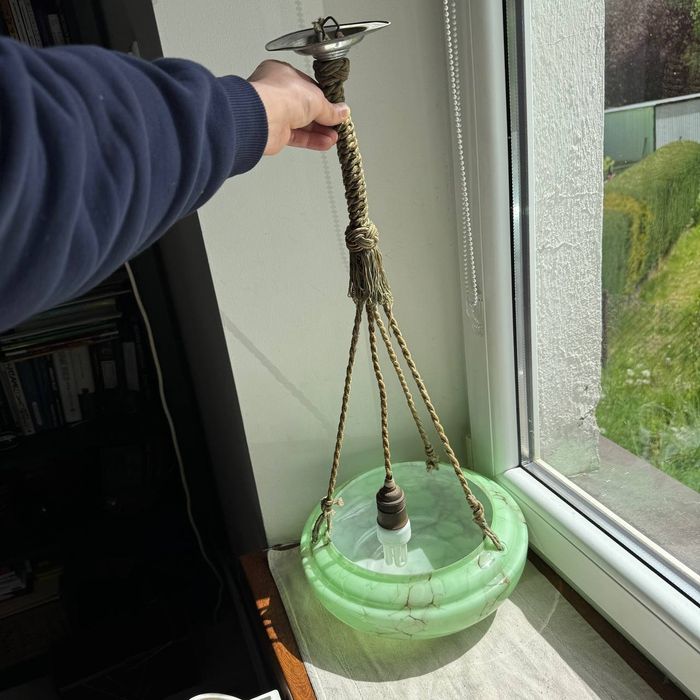 Lampa wisząca ampla Art Deco lata 20/30. Zielone szkło marmurkowe