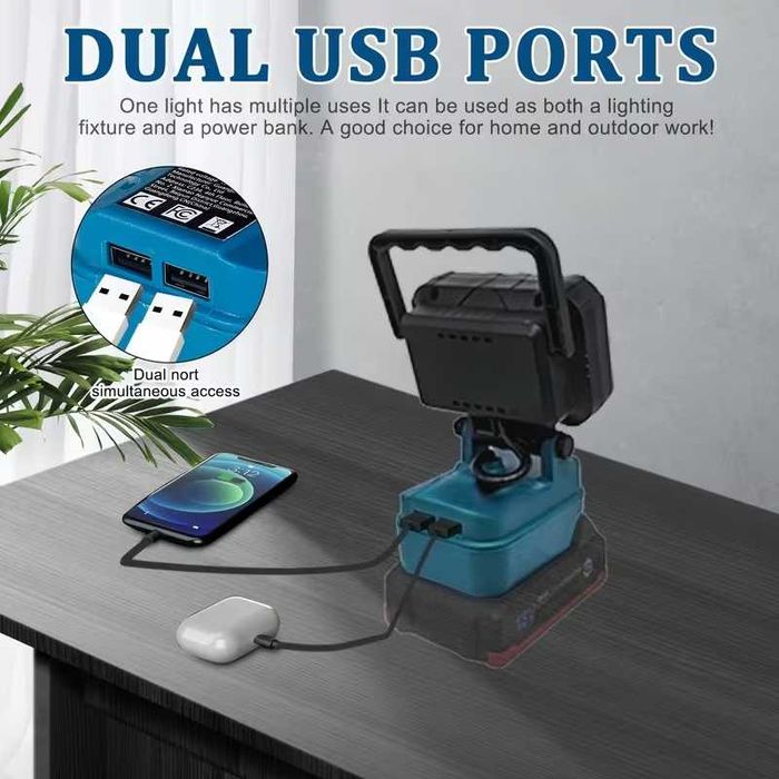 Светодиодный фонарь с USB. прожектор от аккумулятора 18-21В Макита