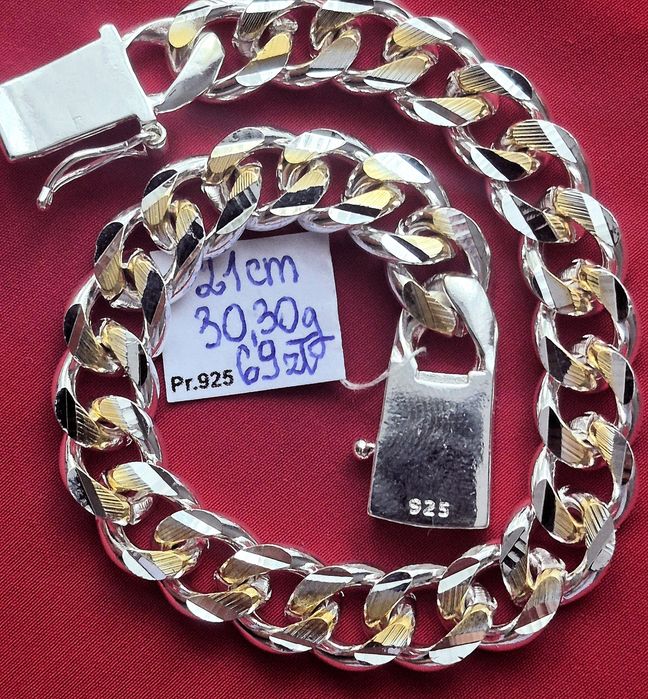 925 Grawer Srebrna Złota Klasyczna Bransoletka Pancerka 21cm 9mm